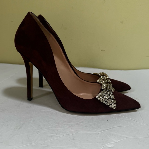 Kate Spade Lissie Hangisi Bow Burgundy Suede  Leather Point Toe Heels Rhinestone - Picture 3 of 16